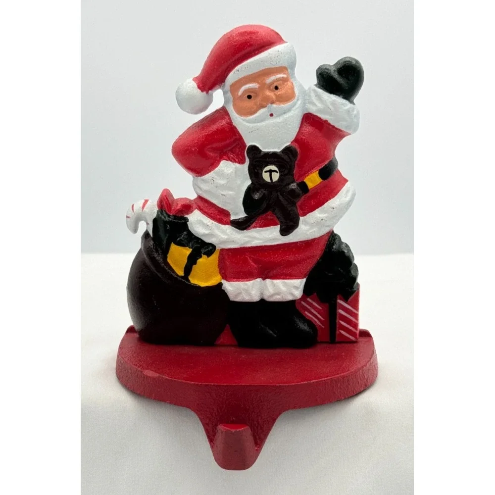 1990 Lillian Vernon Cast Iron Santa and Bear Stocking Holder 5